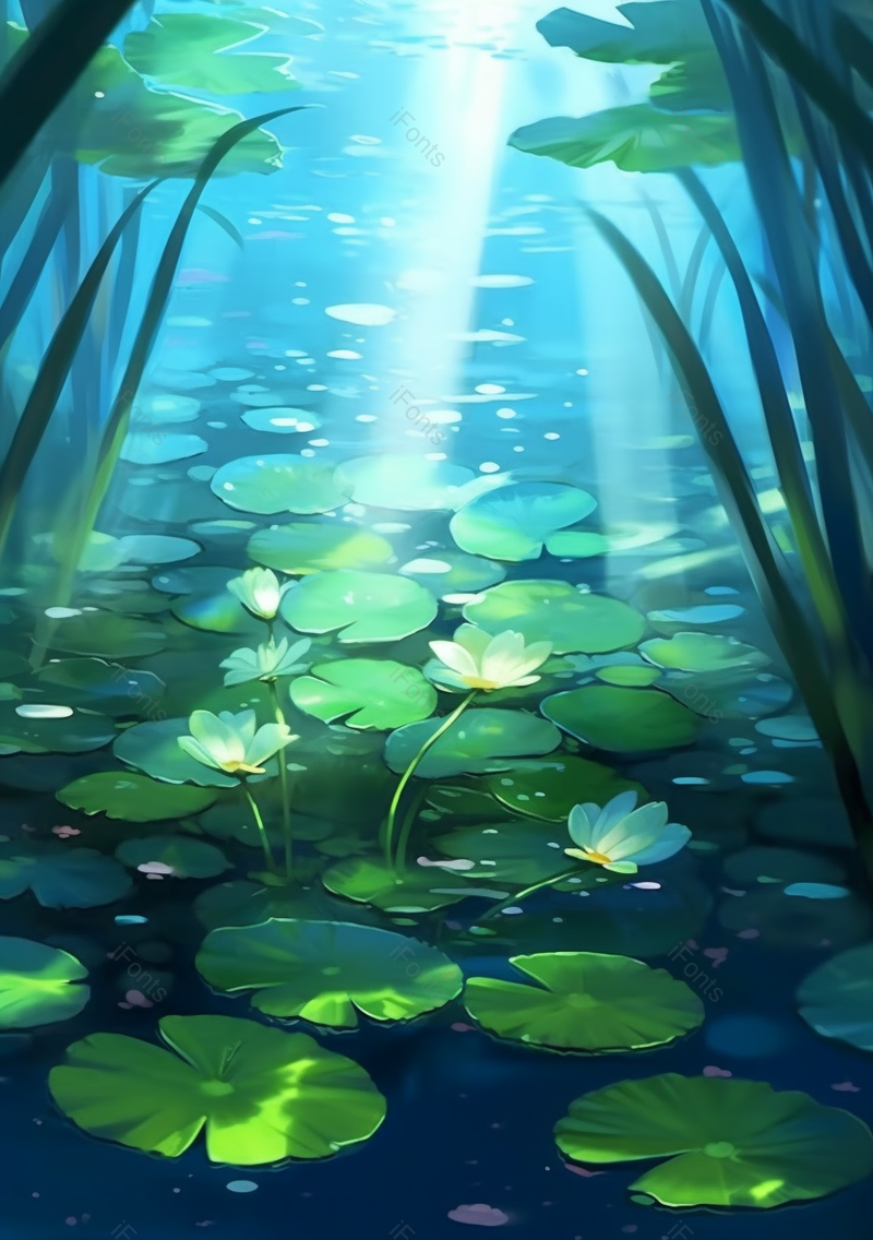 深林中荷塘荷花盛开美景插画绿色背景,插画/手绘图,插画/手绘图库,插画/手绘图下载,插画/手绘